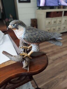 Peregrine Falcon Hand Carved And Painted Glass Eyes Setting On Drift Wood 4.5x6"
